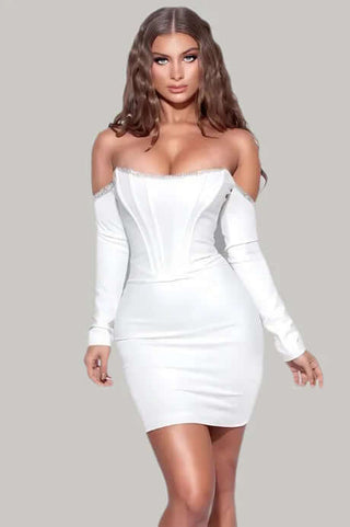 Long Sleeve Off-Shoulder Rhinestone Bodycon Mini Dress