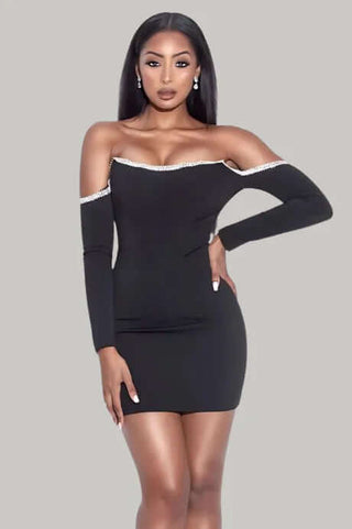 Long Sleeve Off-Shoulder Rhinestone Bodycon Mini Dress