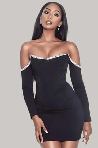 Long Sleeve Off-Shoulder Rhinestone Bodycon Mini Dress