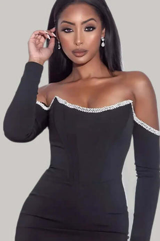 Long Sleeve Off-Shoulder Rhinestone Bodycon Mini Dress