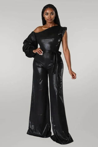 Puff Sleeve Off Shoulder Wide Leg Leather Jumpsuit