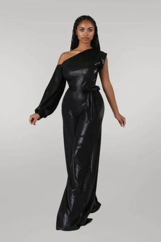 Puff Sleeve Off Shoulder Wide Leg Leather Jumpsuit