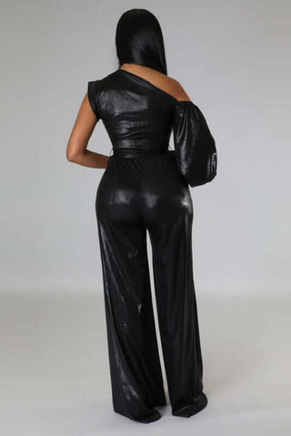 Puff Sleeve Off Shoulder Wide Leg Leather Jumpsuit