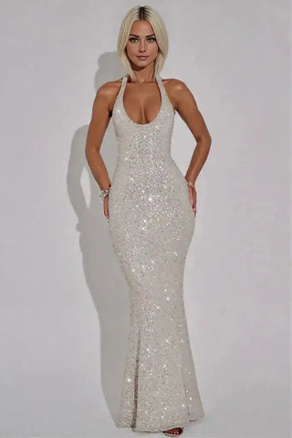 Mermaid Plunging Sparkly Halter Evening Maxi Dress