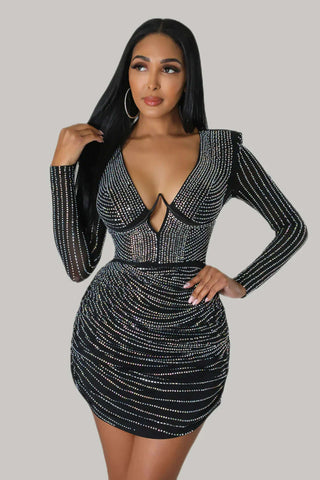 Long Sleeve Plunging Mini Rhinestone Bodycon Dress