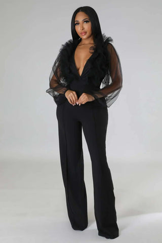 Sheer Back & Sleeves Plunging Ruffle Wide Leg Jumpsuit