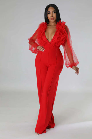 Sheer Sleeves & Back Plunging Ruffles Wide Leg Jumpsuit