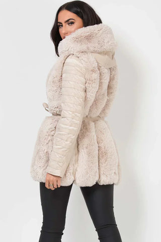 Plush Hooded Faux Fur Leather Coat with Belt