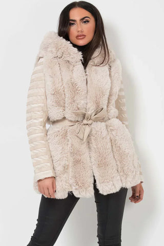 Plush Hooded Faux Fur Leather Coat with Belt