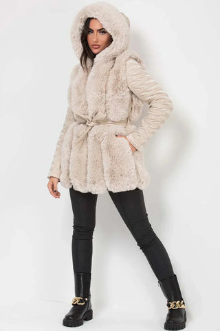 Plush Hooded Faux Fur Leather Coat with Belt