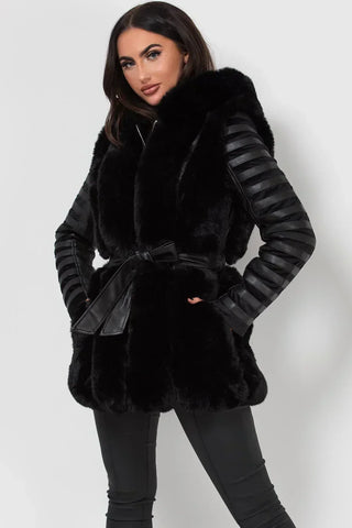 Plush Hooded Faux Fur Leather Coat with Belt