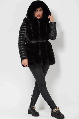 Plush Hooded Faux Fur Leather Coat with Belt