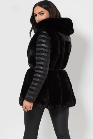 Plush Hooded Faux Fur Leather Coat with Belt