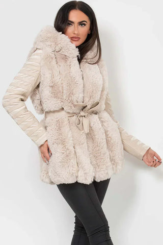 Plush Hooded Faux Fur Leather Coat with Belt