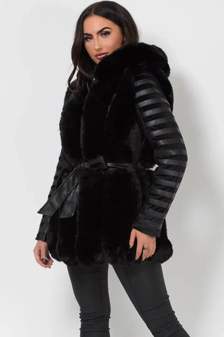 Plush Hooded Faux Fur Leather Coat with Belt