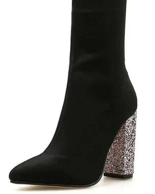 Pointy Toe Glitter Chunky Heel Sock Ankle Boots