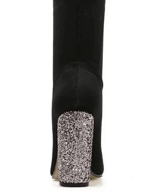 Pointy Toe Glitter Chunky Heel Sock Ankle Boots