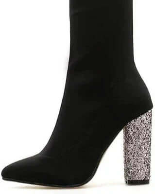 Pointy Toe Glitter Chunky Heel Sock Ankle Boots