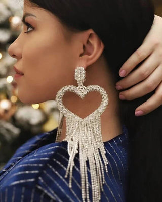 Rhinestone Fringe Heart Statement Earrings