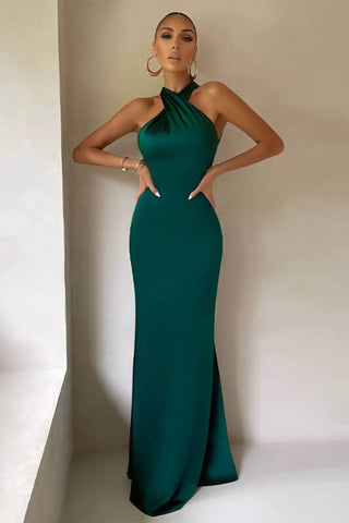 A-Line Satin Crisscross Backless Halter Maxi Dress