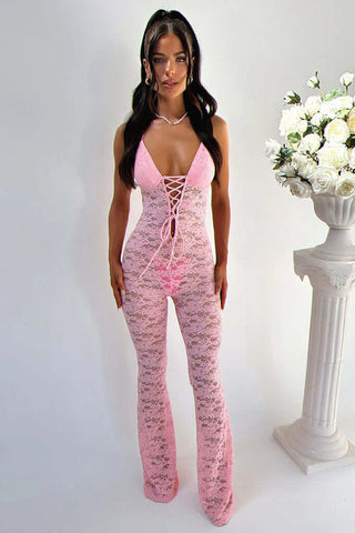 Semi Sheer Spaghetti Straps Lace Plunging Jumpsuit