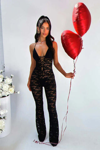 Semi Sheer Spaghetti Straps Lace Plunging Jumpsuit