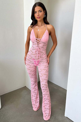 Semi Sheer Spaghetti Straps Lace Plunging Jumpsuit