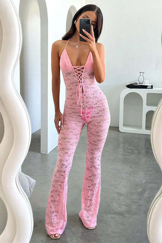 Semi Sheer Spaghetti Straps Lace Plunging Jumpsuit