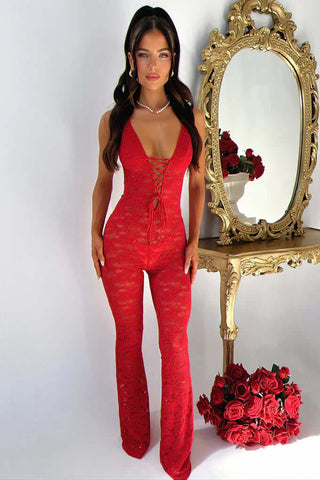 Semi Sheer Spaghetti Straps Lace Plunging Jumpsuit