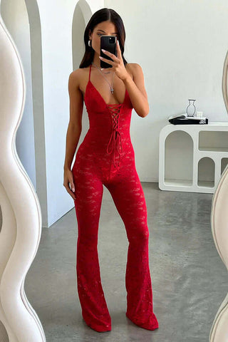 Semi Sheer Spaghetti Straps Lace Plunging Jumpsuit