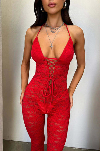 Semi Sheer Spaghetti Straps Lace Plunging Jumpsuit