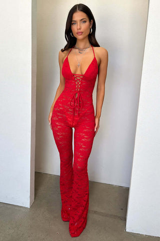 Semi Sheer Spaghetti Straps Lace Plunging Jumpsuit