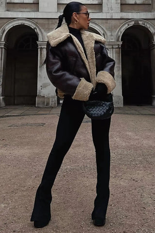 Faux Shearling Leather Aviator Jacket