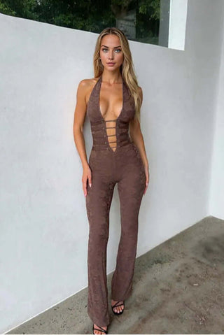 Lace Detailing Sleeveless Plunging Jumpsuit