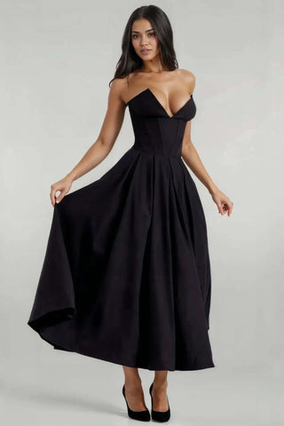 A-Line Deep-V Maxi Strapless Corset Dress with Pockets