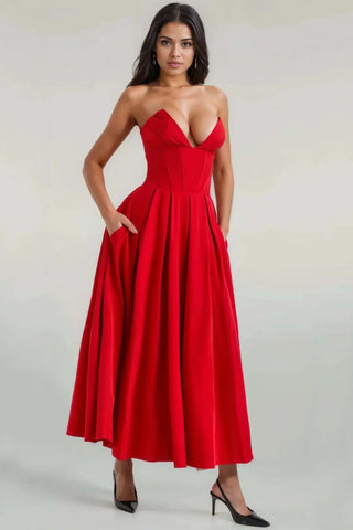 A-Line Deep-V Maxi Strapless Corset Dress with Pockets