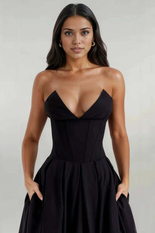 A-Line Deep-V Maxi Strapless Corset Dress with Pockets