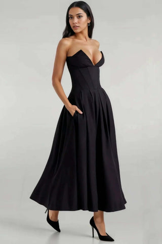 A-Line Deep-V Maxi Strapless Corset Dress with Pockets