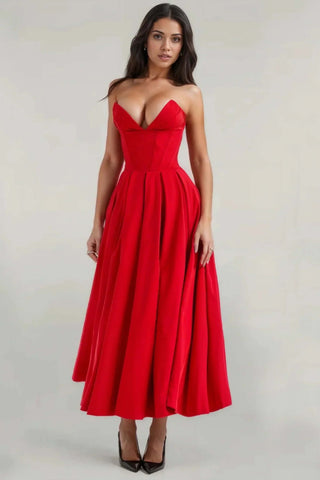 A-Line Deep-V Maxi Strapless Corset Dress with Pockets