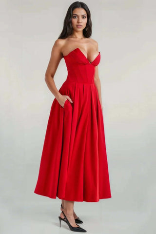 A-Line Deep-V Maxi Strapless Corset Dress with Pockets