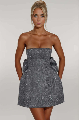 Bowtie Embellishment A-Line Strapless Sparkly Mini Dress 