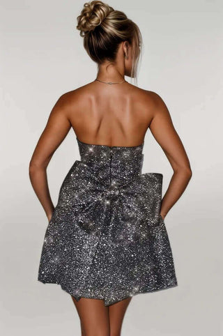 Bowtie Embellishment A-Line Strapless Sparkly Mini Dress 