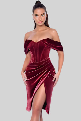 Asymmetrical Draped Off Shoulder Velvet Corset Dress